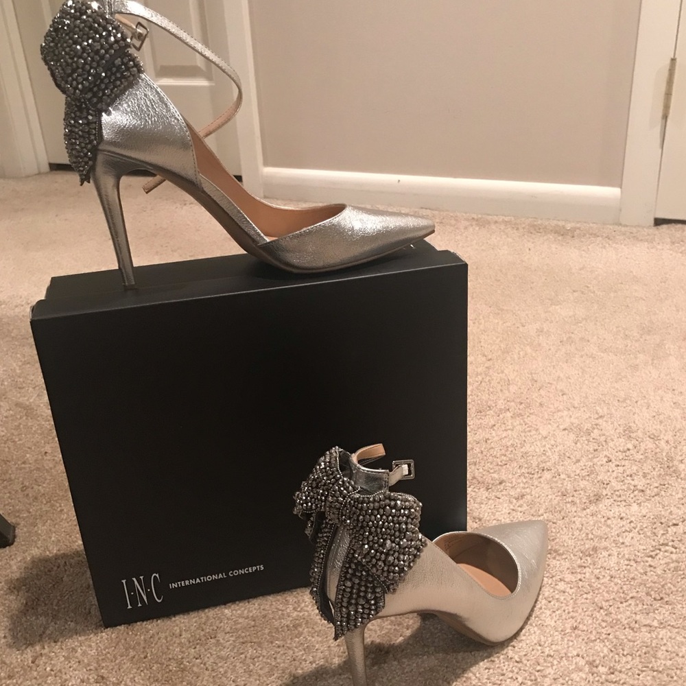 INC heels with sparkling bow.